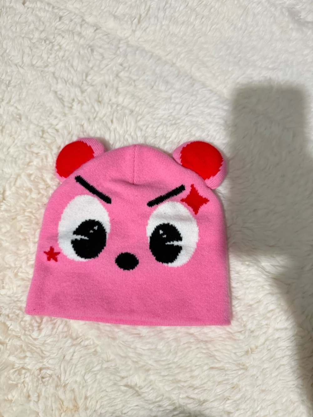 Pink Cartoon Bear Beanie with Red Accents